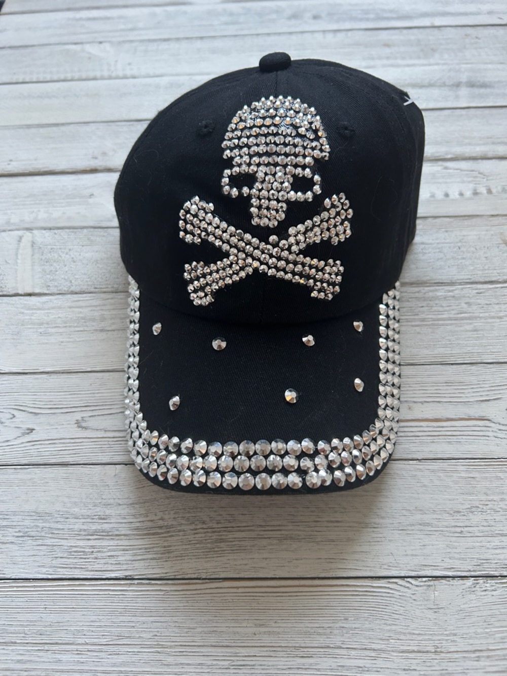 Black Baseball Hat with Rhinestones Skull and Crossbones Design